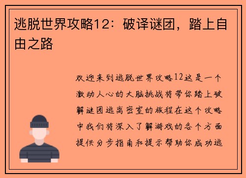 逃脱世界攻略12：破译谜团，踏上自由之路